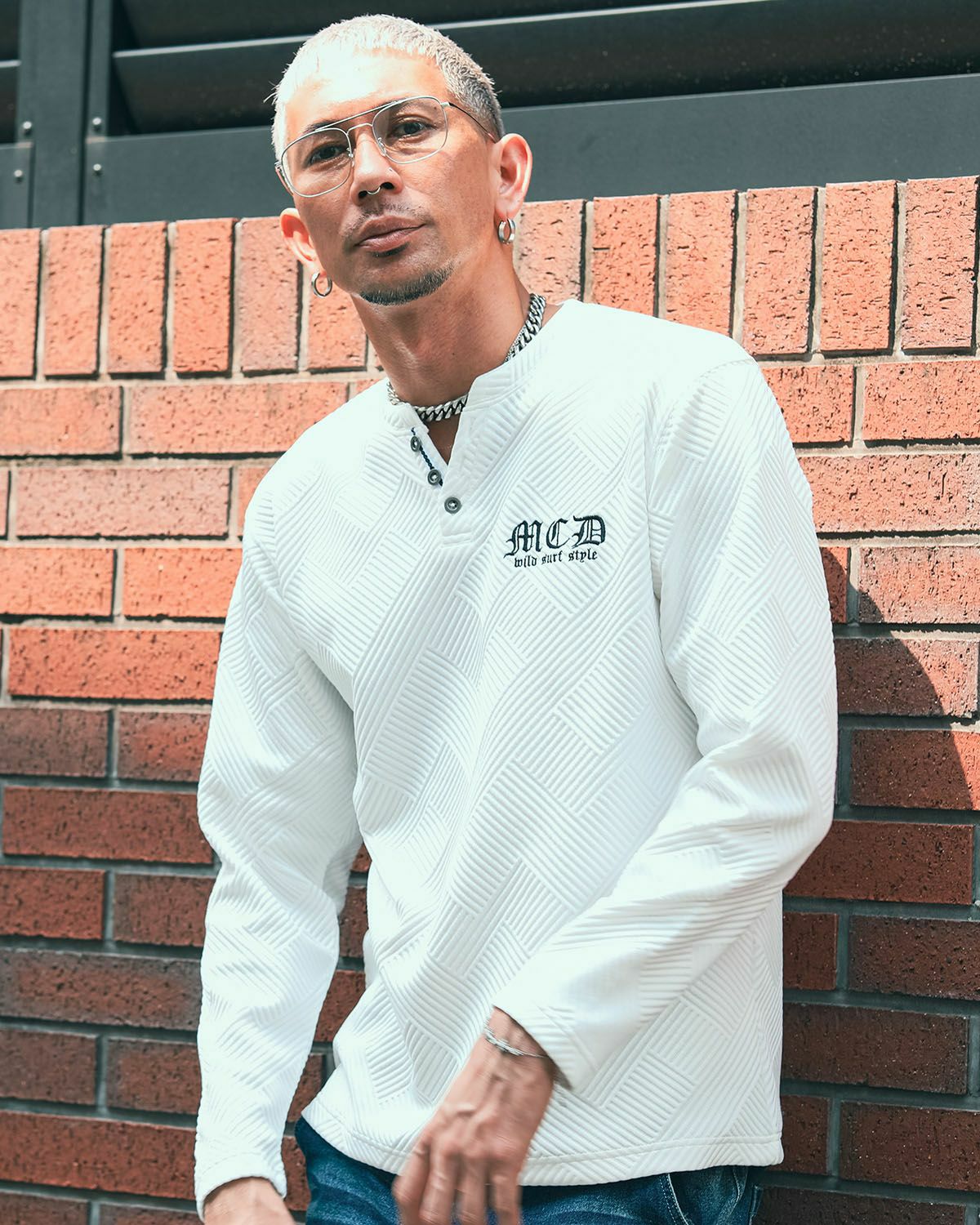 膨れ ジャガード ヘンリーネック ロンT