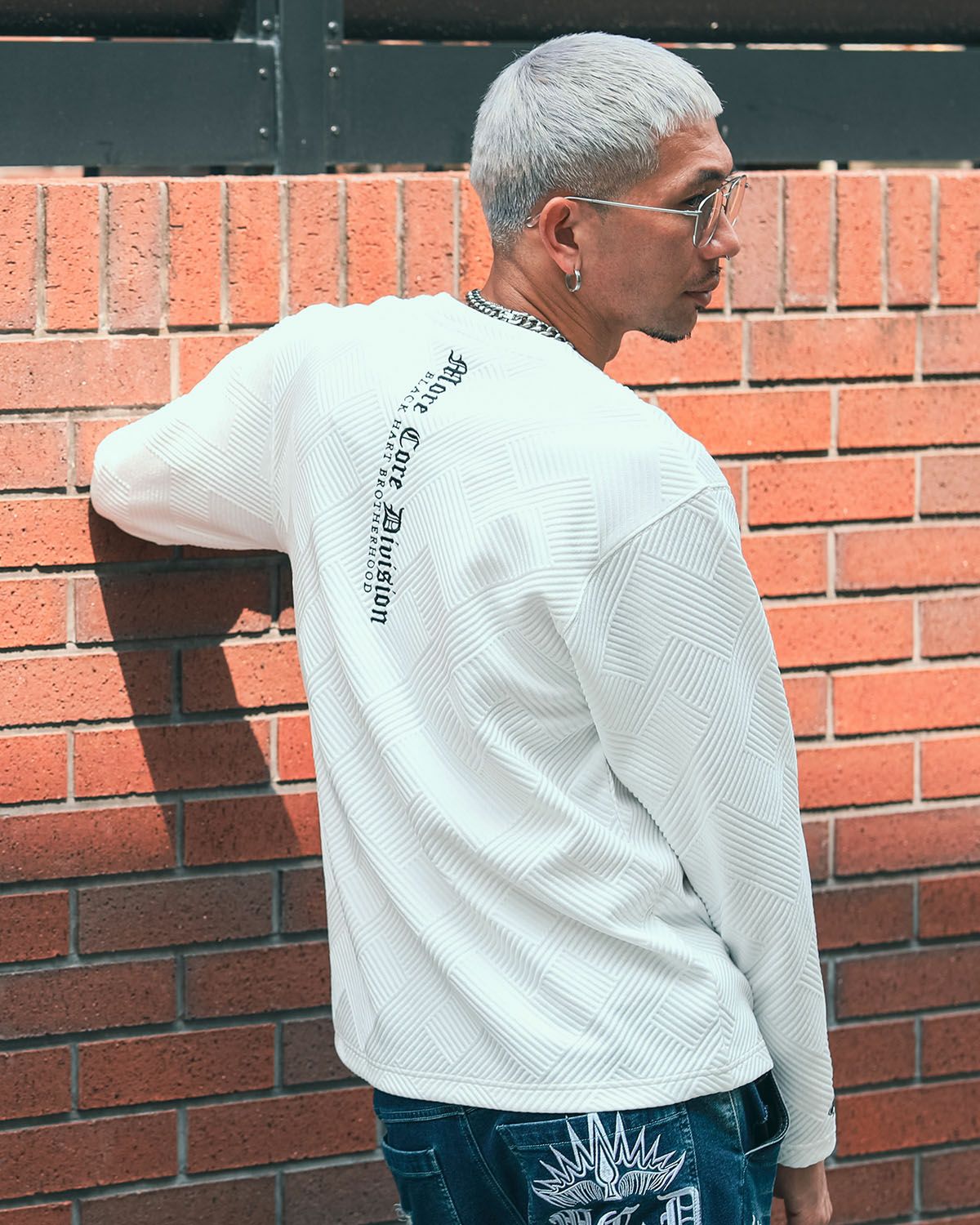 膨れ ジャガード ヘンリーネック ロンT