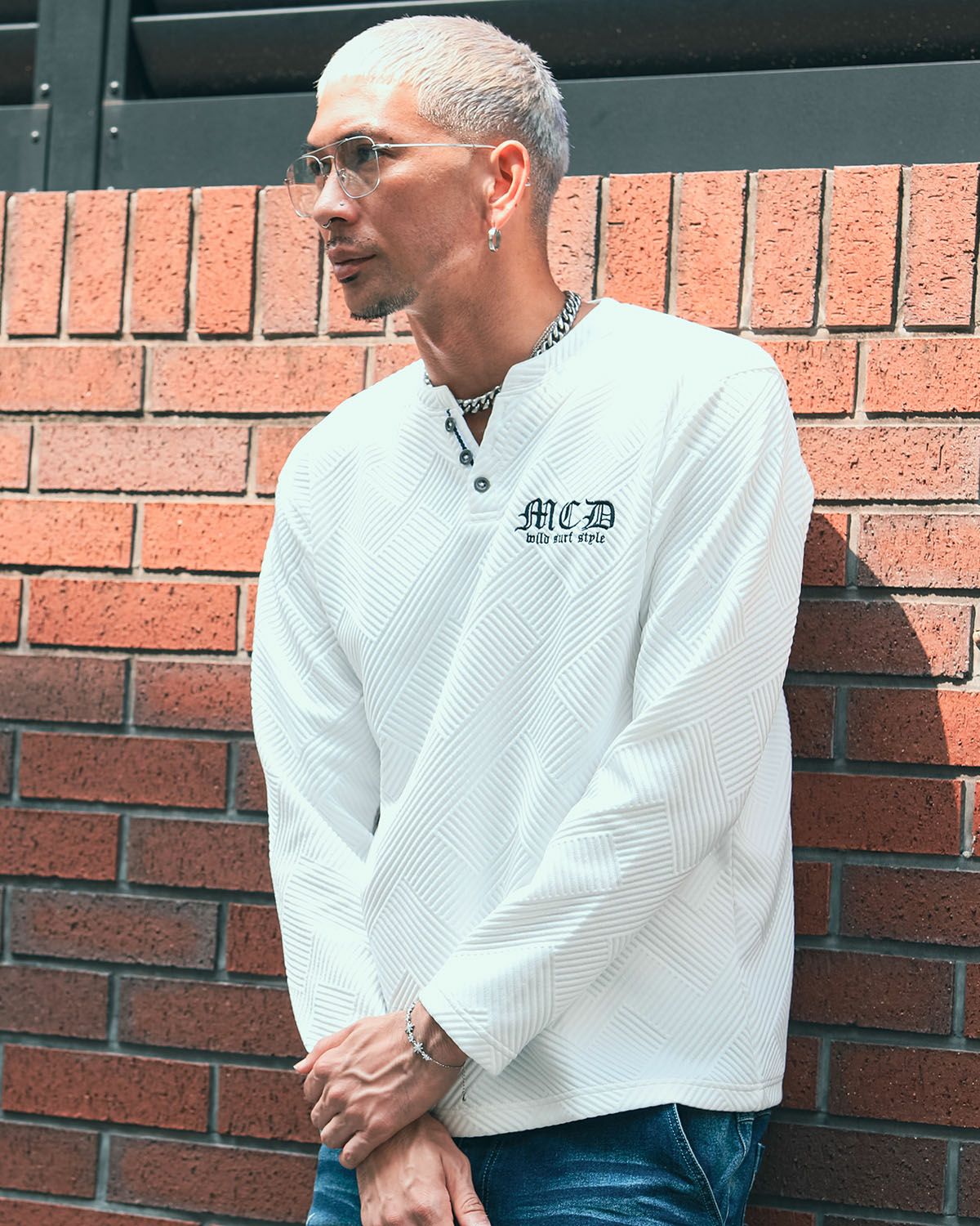 膨れ ジャガード ヘンリーネック ロンT