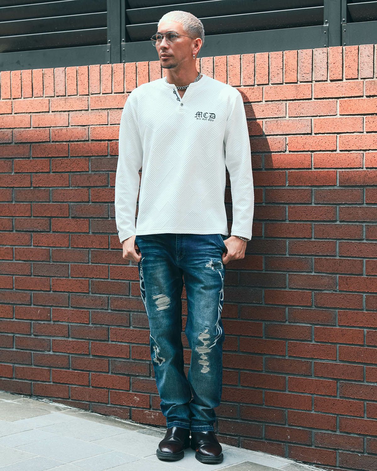 膨れ ジャガード ヘンリーネック ロンT