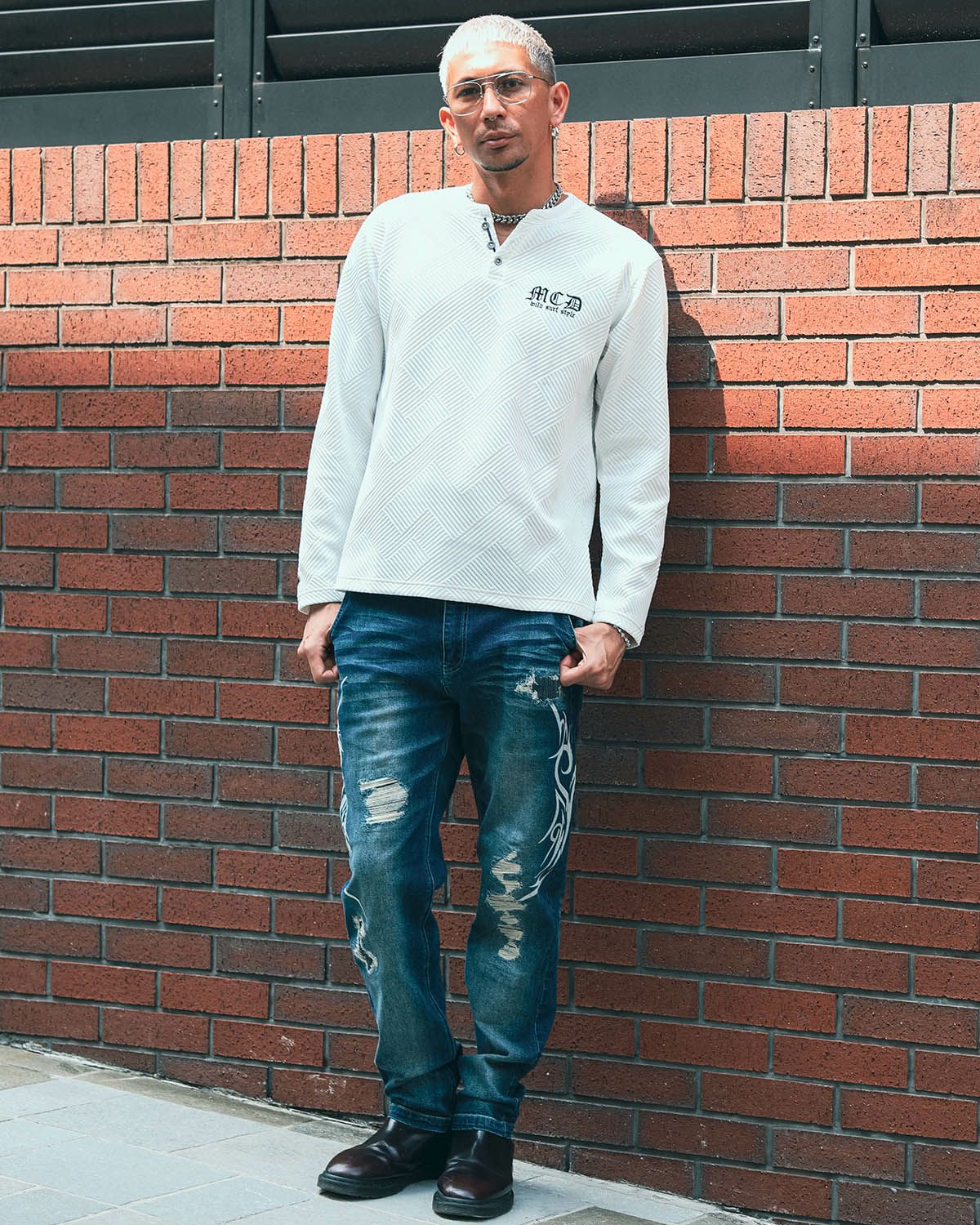 膨れ ジャガード ヘンリーネック ロンT