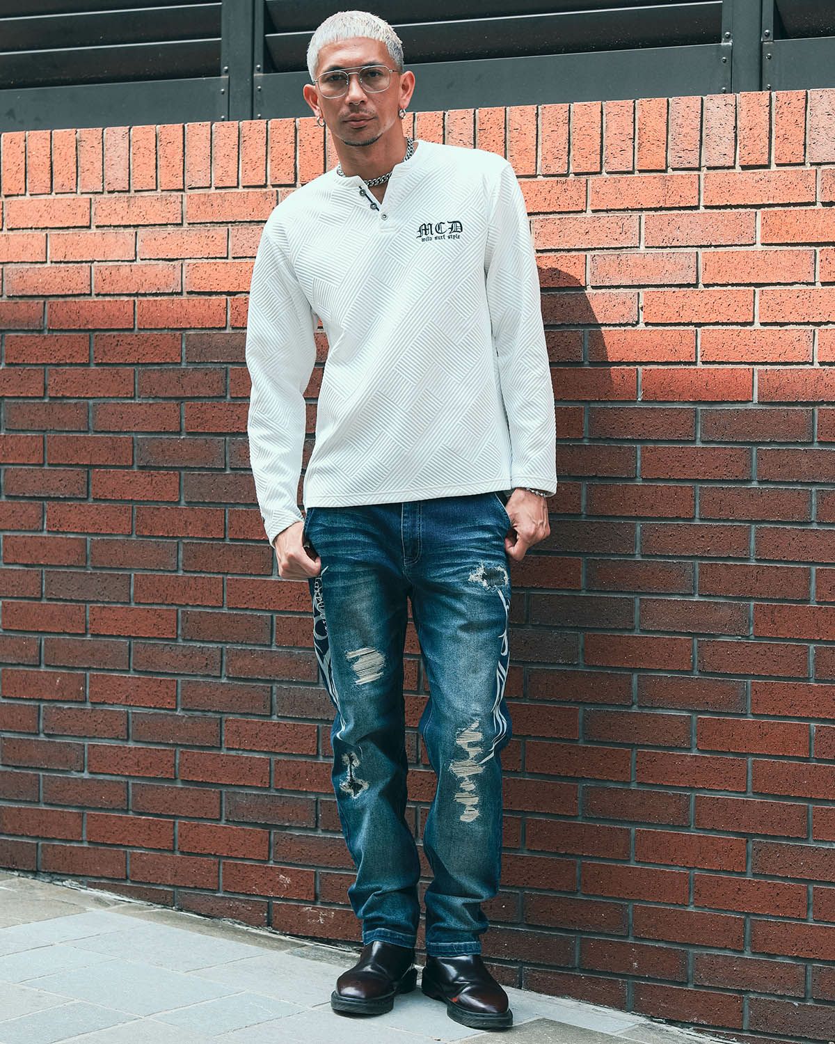 膨れ ジャガード ヘンリーネック ロンT