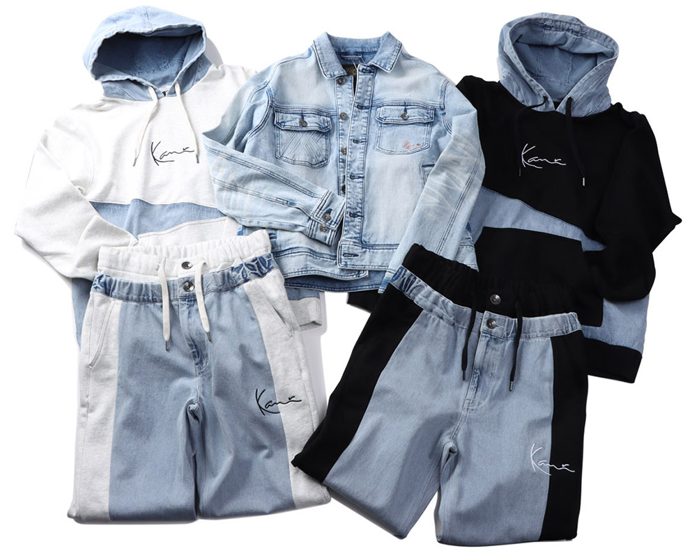 デニム切替プルパーカーとストレッチ ライン切替デニムジャケット、デニム切替イージーパンツアイテム画像