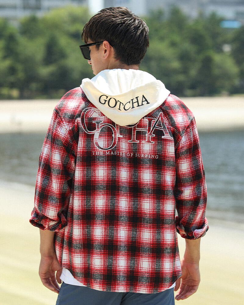 フード付き 叩きつけ チェックシャツ