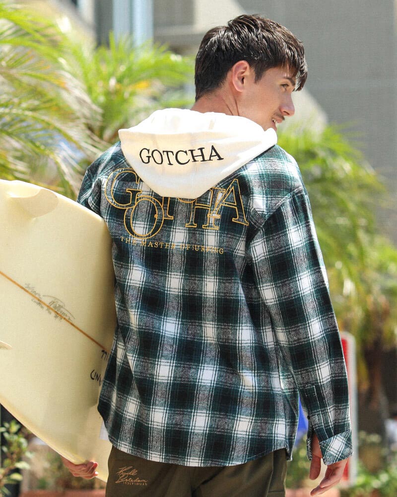 フード付き 叩きつけ チェックシャツ