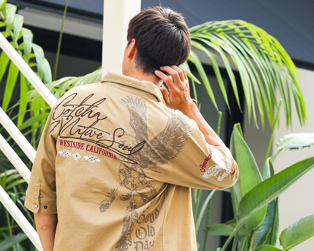 ストレッチ バック イーグル 5分袖 シャツベージュ