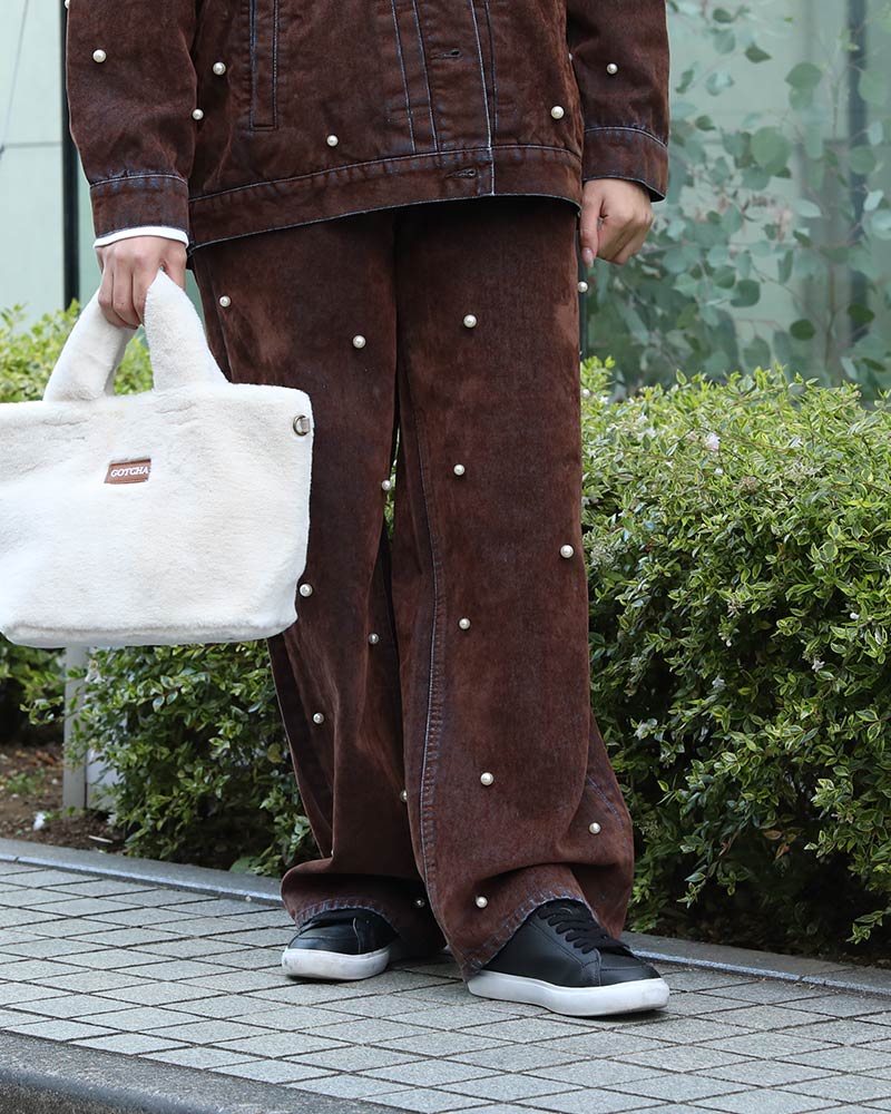 ウィメンズパール付きフロッキーデニムコーデブラウン