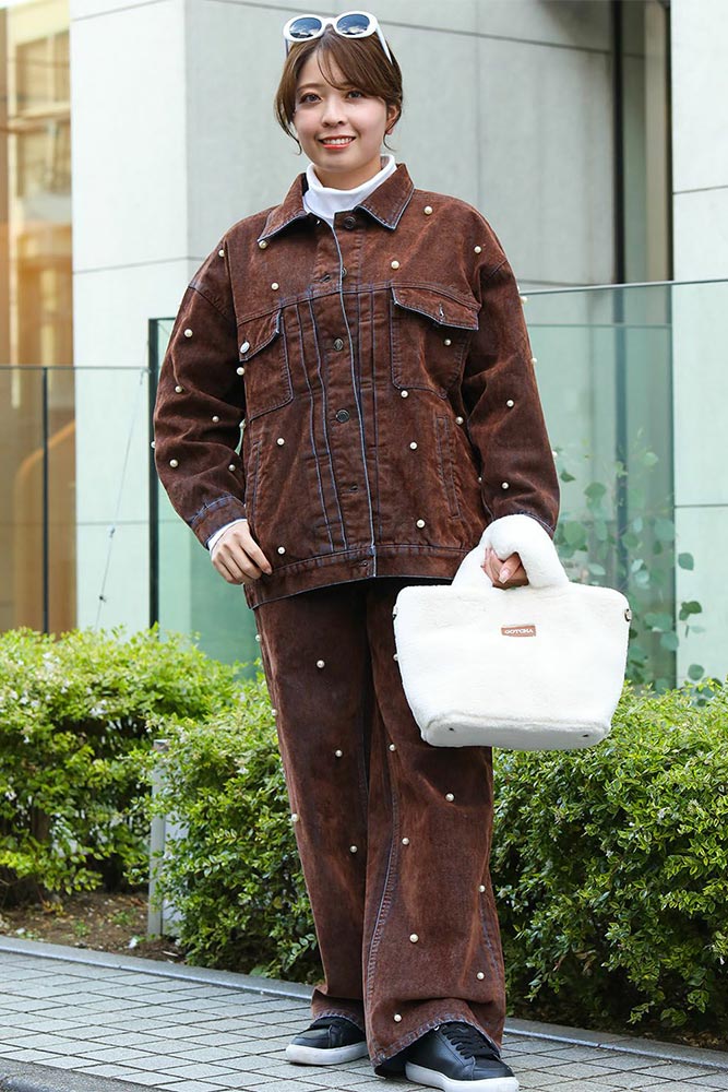 ウィメンズパール付きフロッキーデニムコーデブラウン