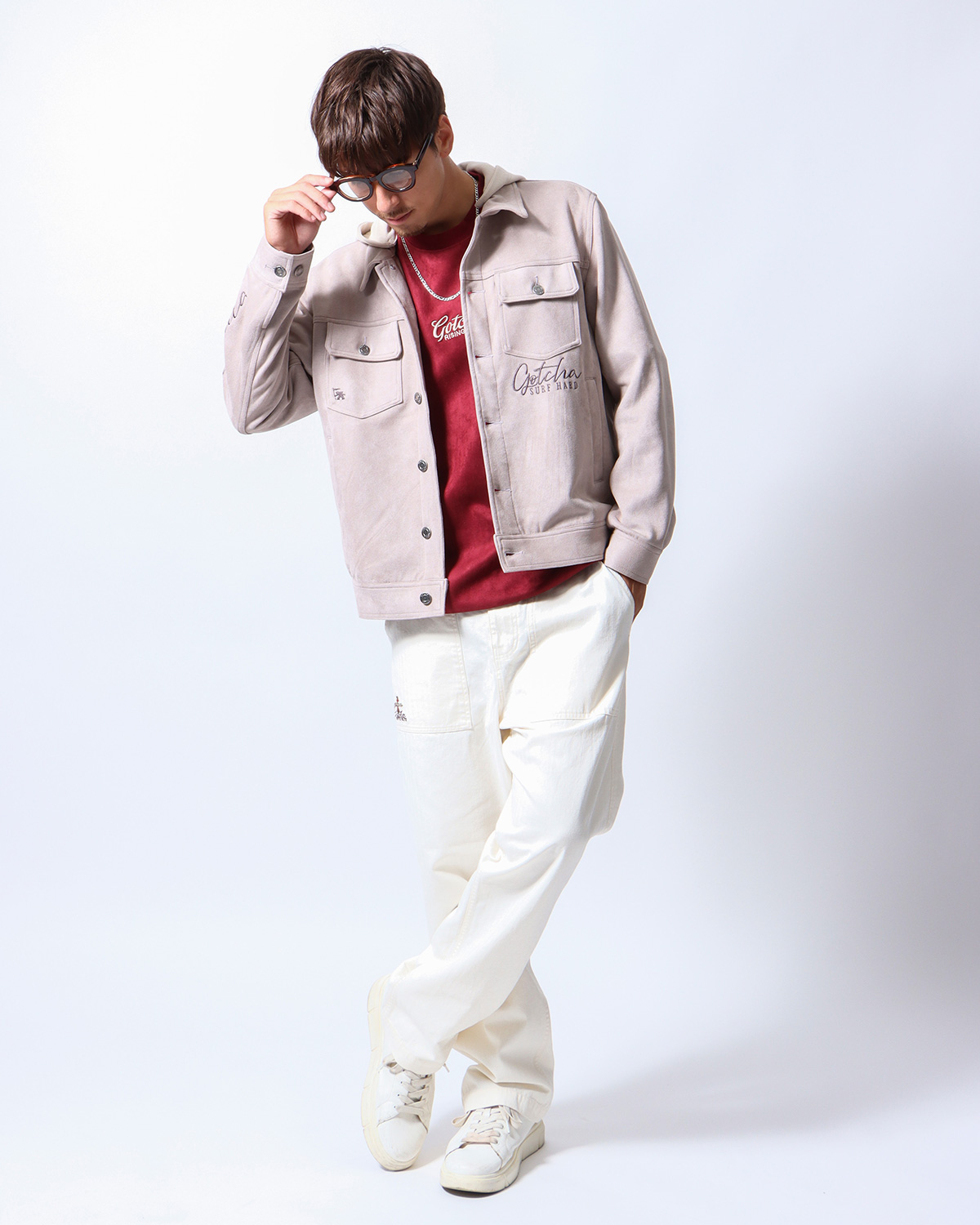 ストレッチフェイクスウェードフード脱着ジャケット