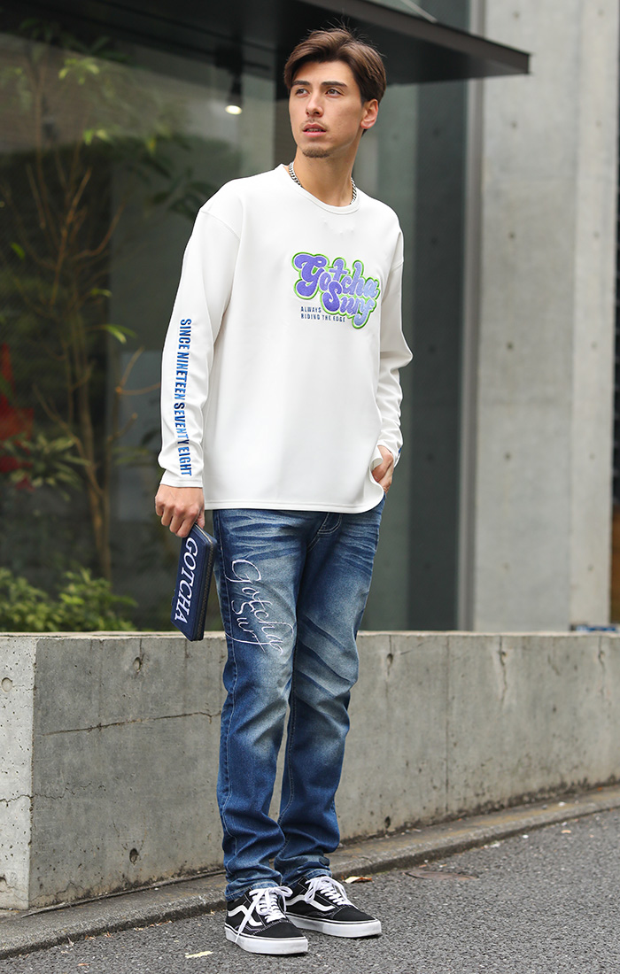 ドロップショルダー グラデ 刺繍 カラー ロンT