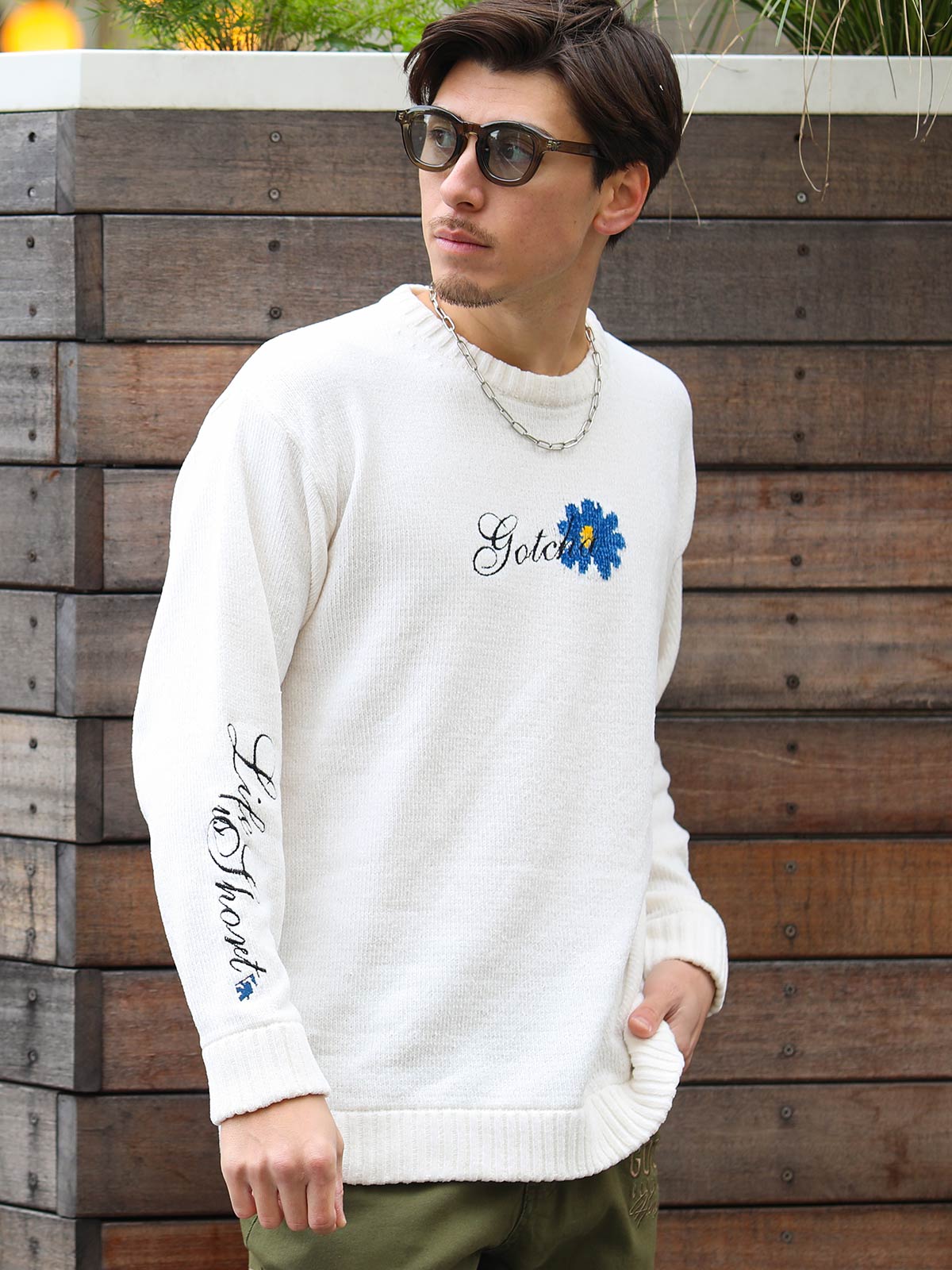 静電気防止 フラワーモールニット セーター