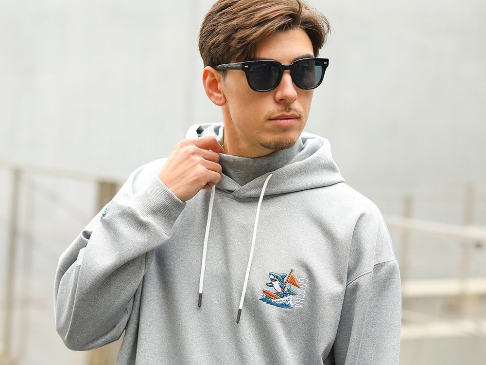 ワンポイント シャーク リブ ハイネック プルパーカー