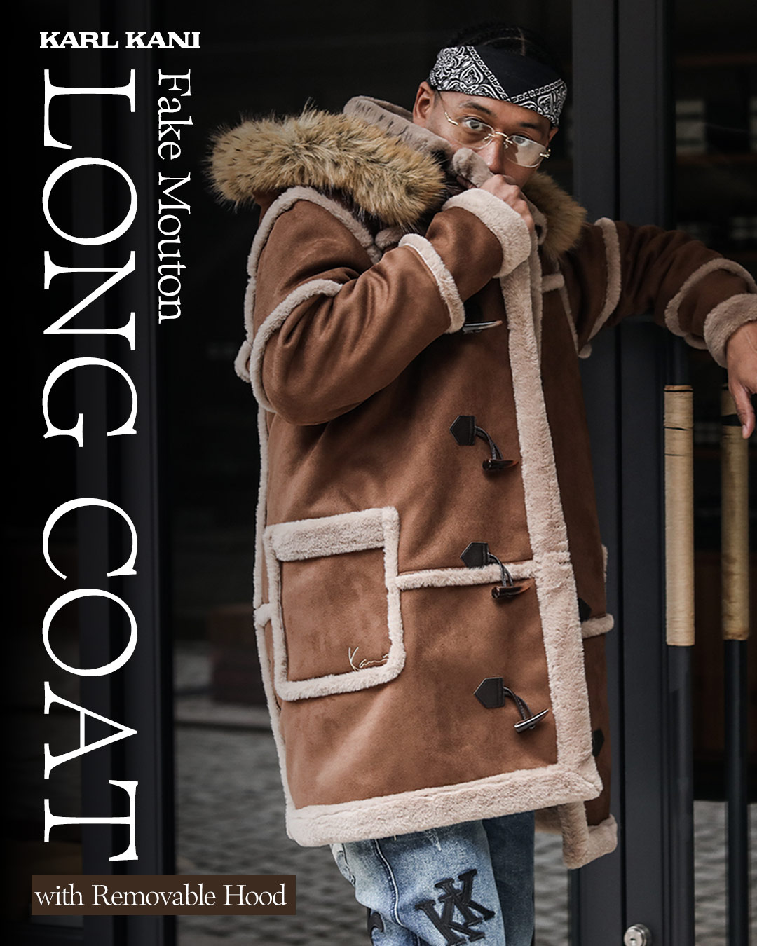 ファーフード 脱着 フェイクムートン ロングコート 2 way style Fur Long Coat
