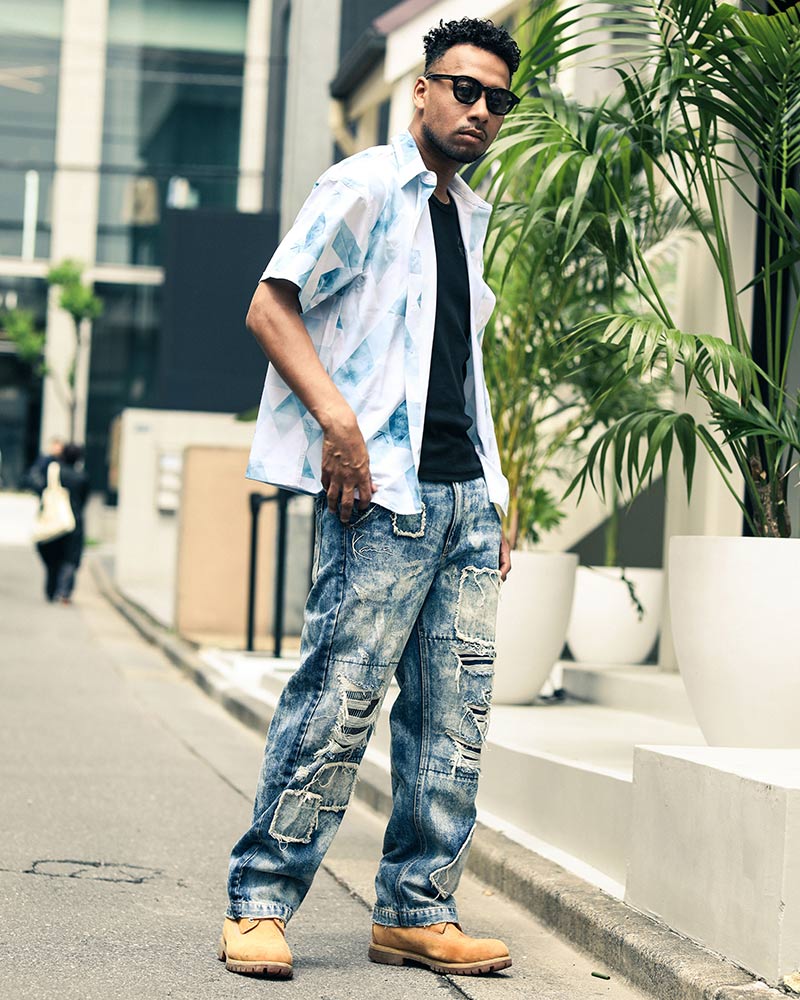 ハイブリッド スクエアー スモーク 半袖 シャツコーデ