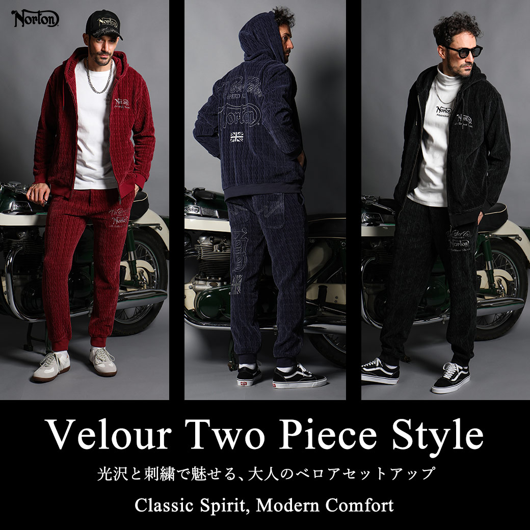 光沢と刺繍で魅せる、大人のベロアセットアップ
Velour Two Piece Style